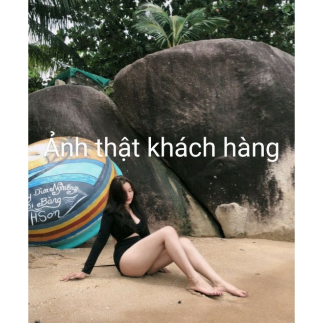 Bộ Bikini liền mảnh Đồ bơi dài tay che bụng màu đen