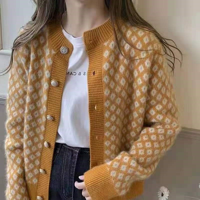 Áo Khoác Cardigan Dệt Kim Cổ Chữ V Màu Xanh Lá Phong Cách Retro
