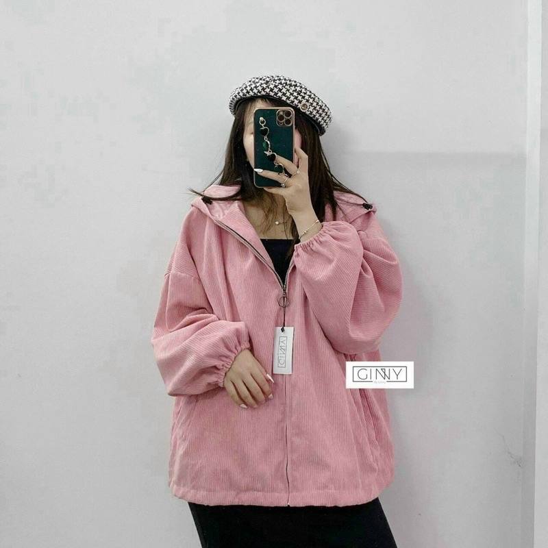 Áo khoác nhung tăm có nón dây rút tay bo