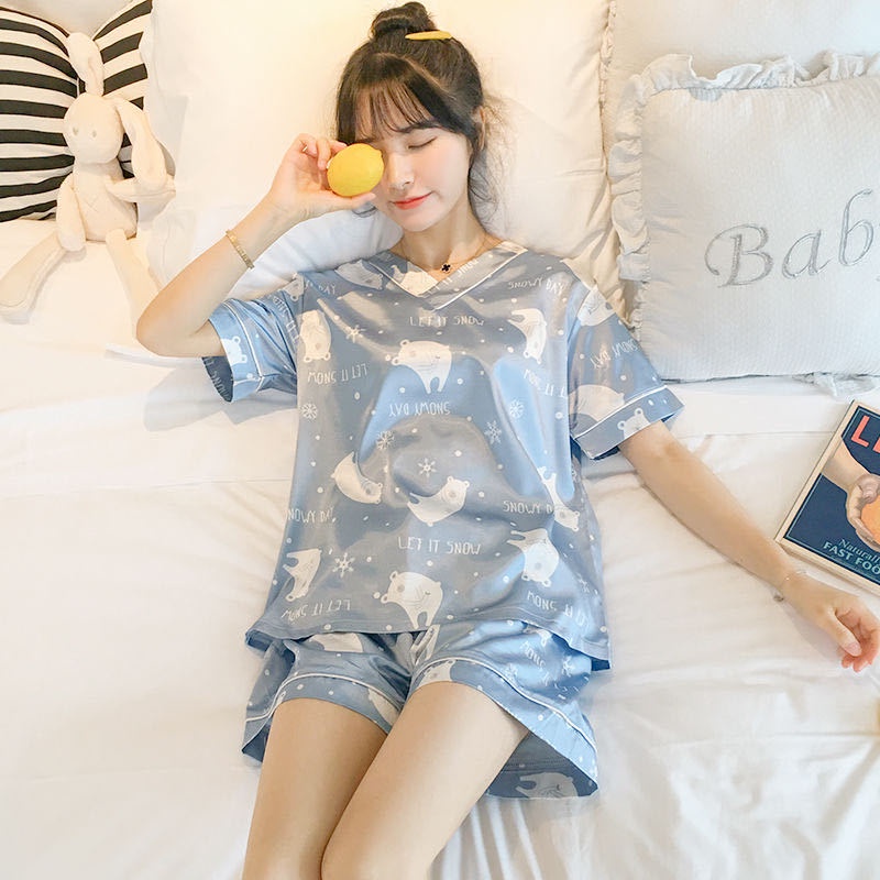 Đồ bộ nữ pijama lụa cộc tay ngủ mặc nhà cổ V cute hoạt hình họa tiết dễ thương | BigBuy360 - bigbuy360.vn