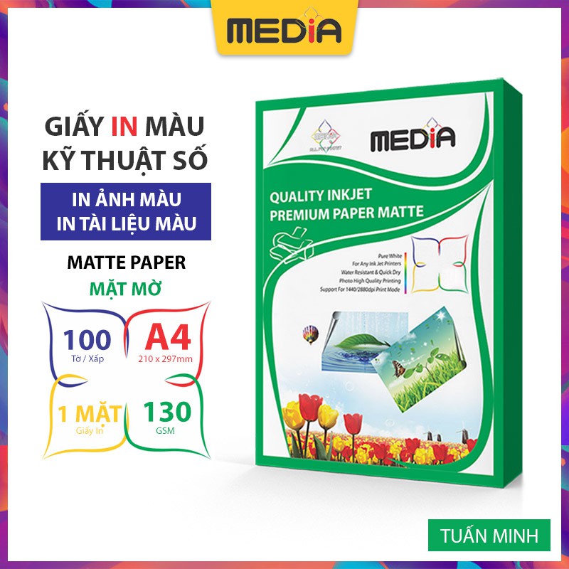 Giấy In Màu Media 1 Mặt Mờ A4 130gsm 100 Tờ