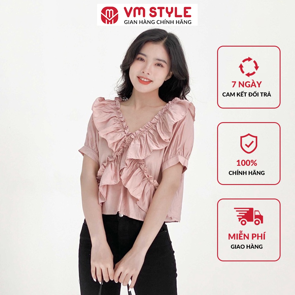 Áo sơ mi nữ cổ V phồi bèo chéo ngực VMSTYLE vải voan giấy bồng bềnh nữ tính - 22SU032X3101