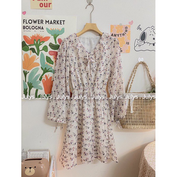 Váy hoa nhí dài tay tiểu thư kèm đai rút eo, Váy hoa vintage kèm đai corset siêu xinh (Có feedback của khách)