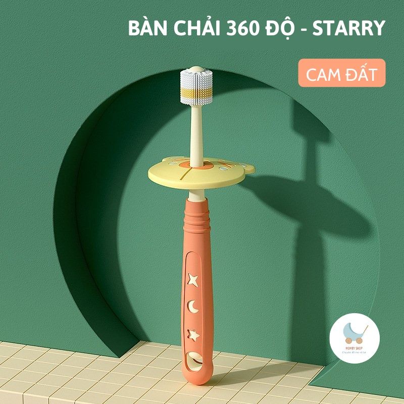 Bàn chải đánh răng siêu mềm cho bé xoay 360 độ STARRY, Bàn chải cầm tay cho trẻ từ 1 tuổi có vách ngăn an toàn