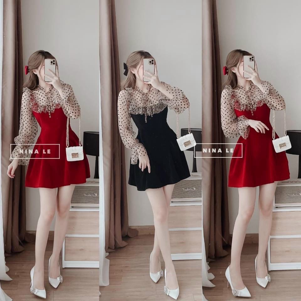 [FREE SHIP] ĐẦM XÒE NỮ PHỐI LƯỚI BI NHÚN BÈO 2 MÀU ĐỎ- ĐEN DỰ TIỆC CỰC XINH VLTN4