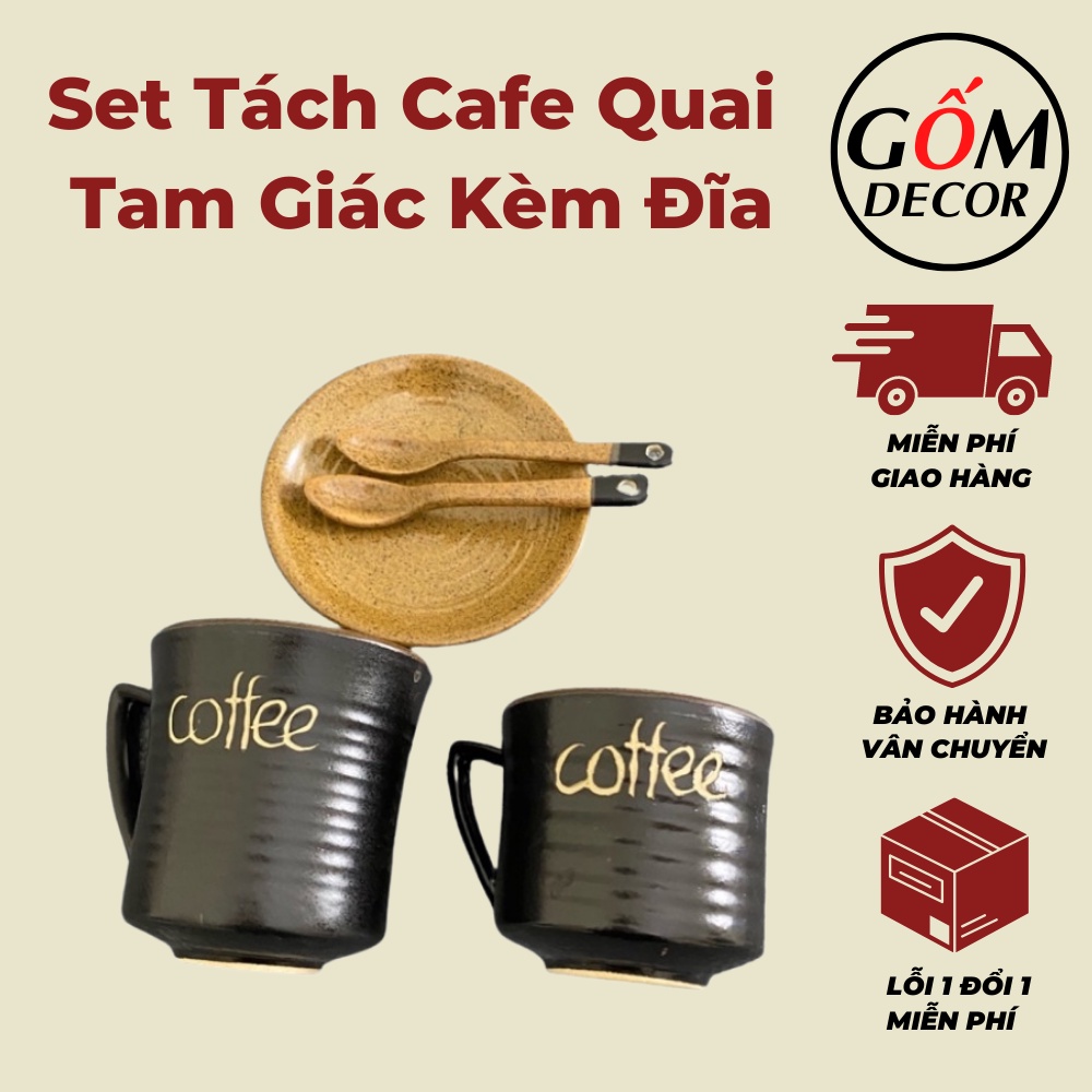 Set tách cafe quai tam giác kèm đĩa tách trà Bát Tràng chính hãng