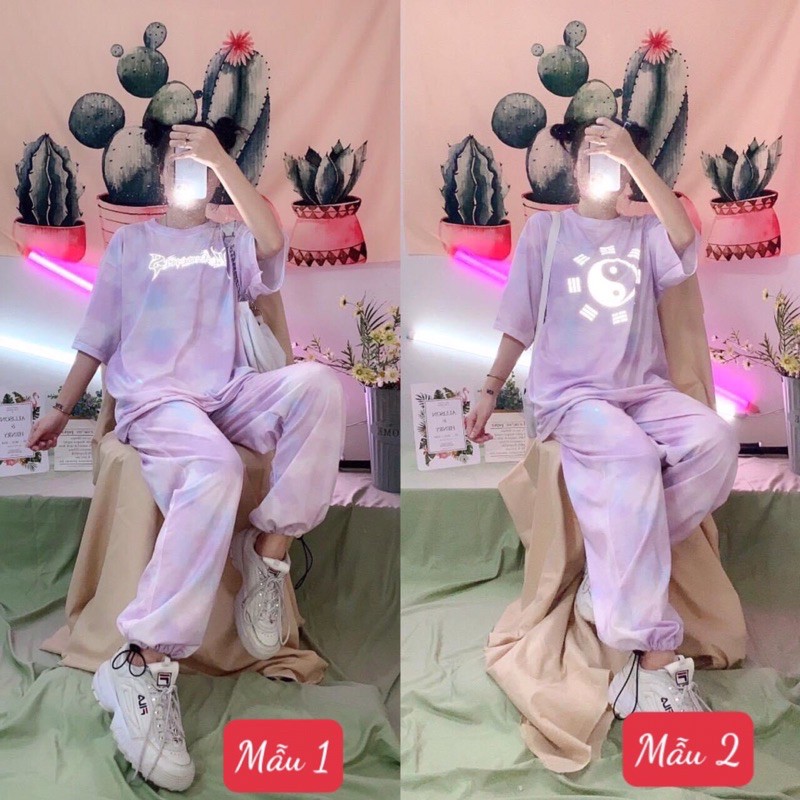 bộ thun loang màu quần bo gấu in phản quang Ht
