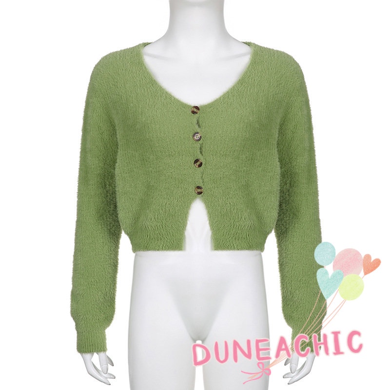 DUNEA Áo Khoác Dệt Kim Tay Dài Màu Trơn Phối Nút Thiết Kế Dáng Rộng Thoải Mái