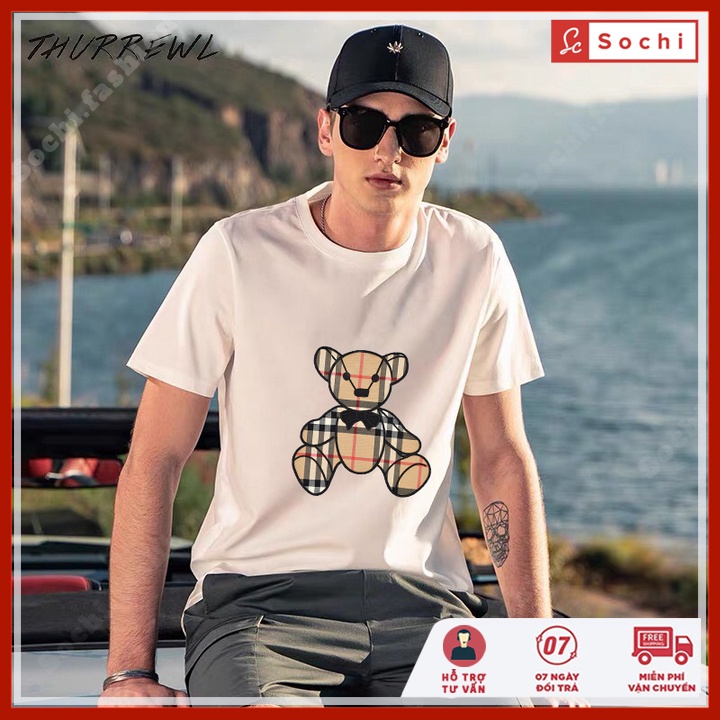 Áo thun tay ngắn nam, áo cộc tay nam cổ tròn in hình gấu kẻ mã CZ600