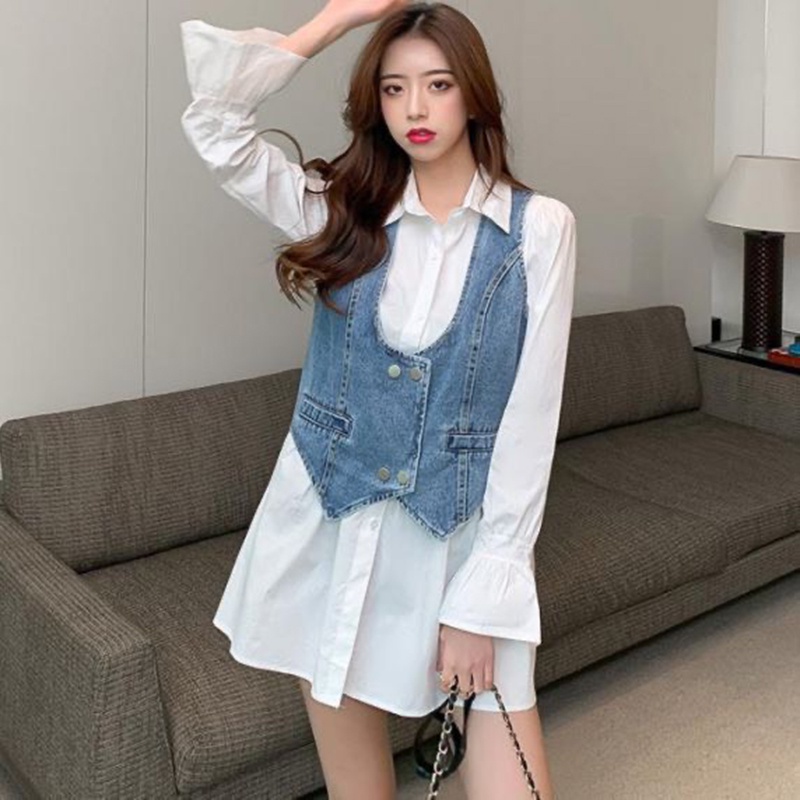 Set váy sơ mi dáng ngắn tay bồng xòe mix áo gile HV702