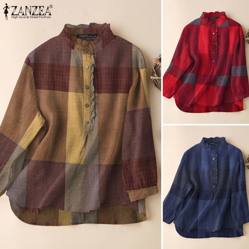 Áo kiểu Zanzea tay dài cổ tròn họa tiết kẻ sọc caro phong cách vintage dành cho nữ