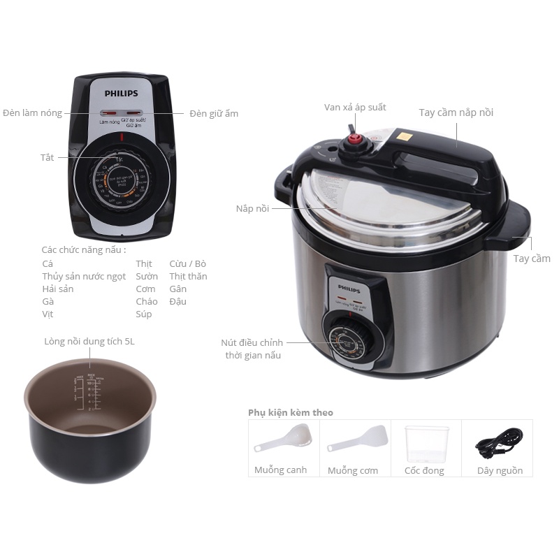 Nồi áp suất điện cơ đa năng Philips HD2103 - 900W, dung tích 5L, bảo hành 2 năm | Hàng chính hãng