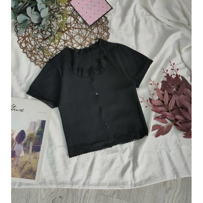 [Mã FAMARAL2 giảm 10K đơn 50K] Áo croptop viền ren tay ngắn, 100% ảnh thật do shop chụp