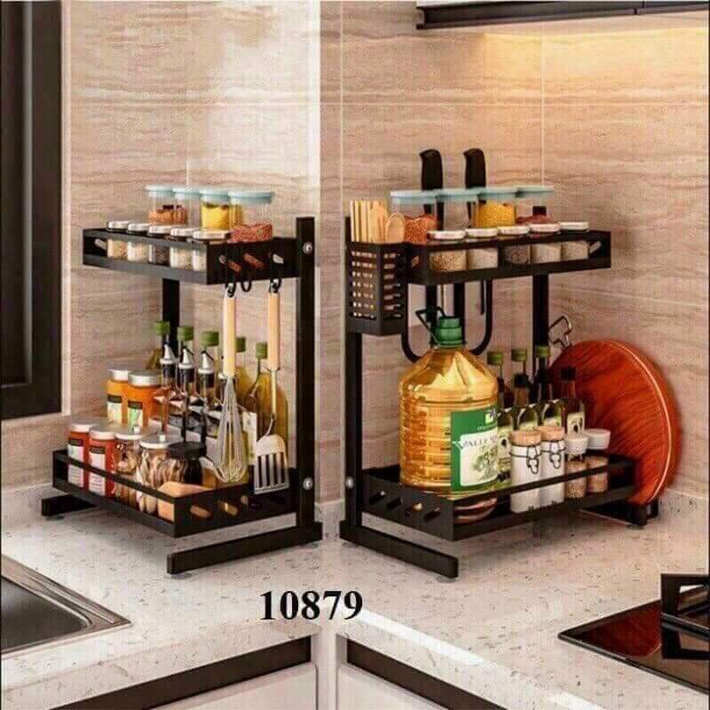 Kệ đựng gia vị 2 tầng đặt trên bàn đá 100% inox sơn tĩnh màu đen chắc chắn "
