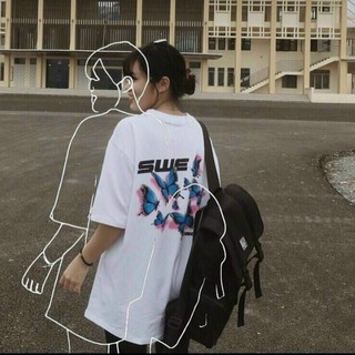 Áo thun Unisex tay lỡ 💥FREESIZE <75KG💥 Áo tay lỡ Hàn Quốc chất tici - Áo SWE bướm | Trắng