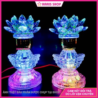 [Giá một cặp] Đèn Bàn Thờ Hoa Sen PHA LÊ Cao Cấp Phát Sáng Toàn Thân Cao 19cm Sử Dụng Mạch LED Cao Cấp [MRHT10]