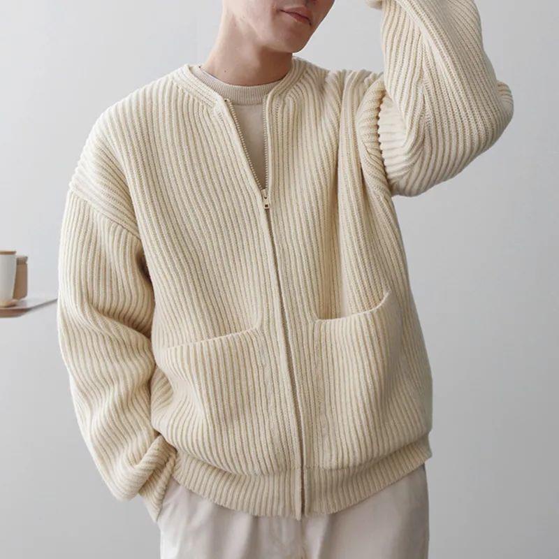 Áo Khoác Cardigan Dệt Kim Cổ Tròn Dáng Rộng Màu Trơn Thời Trang Xuân Thu Cho Nam
