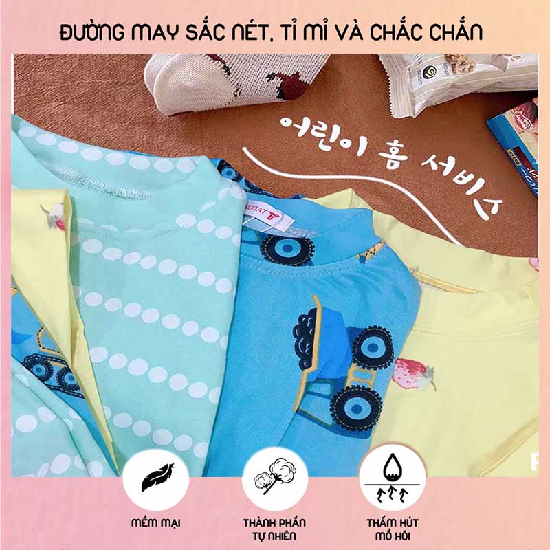 Đồ bộ dài tay cổ cao 3 phân in hình ô tô,dâu tây cao cấp cho bé chất cotton mềm mịn thoáng mát size 8-22kg