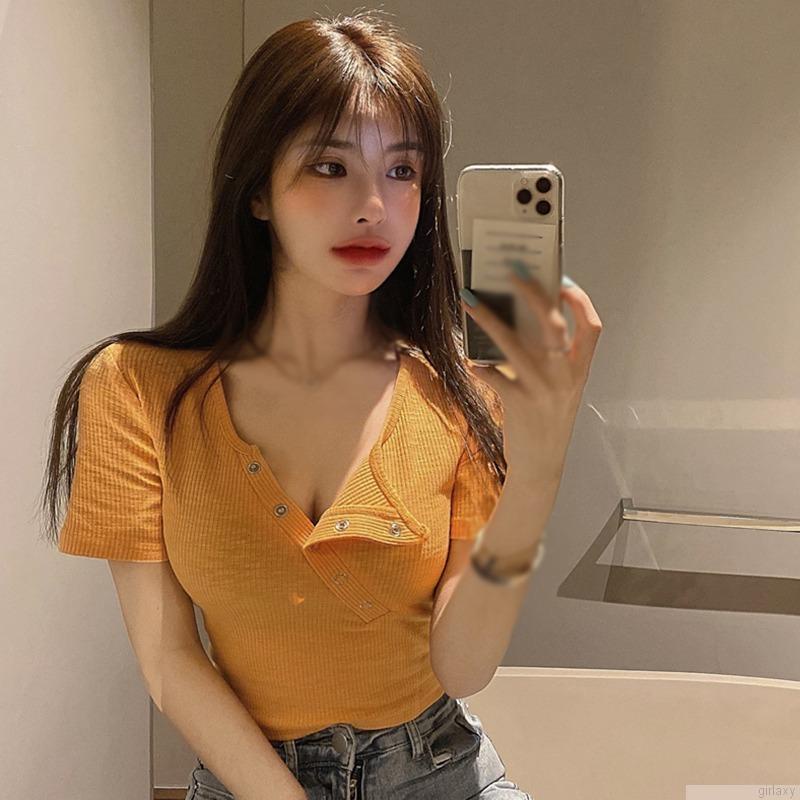 Áo thun croptop tay ngắn màu sắc đơn giản phong cách Hàn Quốc cho nữ