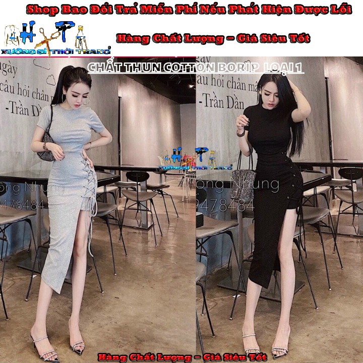 Đầm ôm body thun borip loại 1 xẻ tà đan dây mẫu hót thời trang 2020 | BigBuy360 - bigbuy360.vn