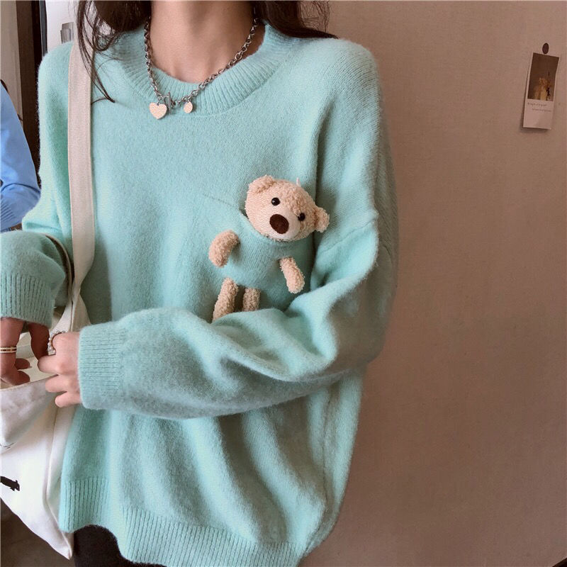 Áo Sweater Dệt Kim Chui Đầu Dáng Rộng Phối Túi In Hình Gấu Kiểu Hàn Quốc Thời Trang Mùa Thu 2020 Cho Nữ