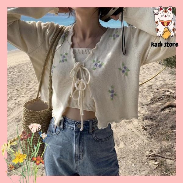 (ORDER) SET ÁO CARDIGAN TAY DÀI THÊU HOA + ÁO LEN HAI DÂY BÊN TRONG