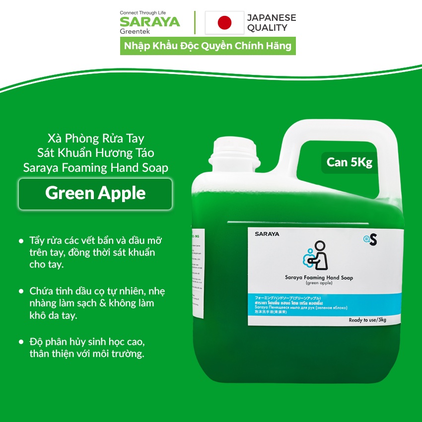 Xà Phòng Rửa Tay Sát Khuẩn Saraya Foaming Hand Soap (Green Apple), Hương Táo - Can 5Kg
