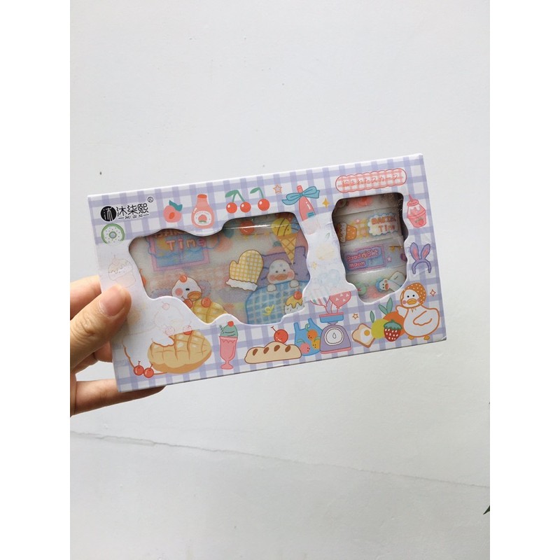 Box ứahi tape kèm sticker nhiều mẫu xinh xắn, sticker gấu, washi lấp lánh