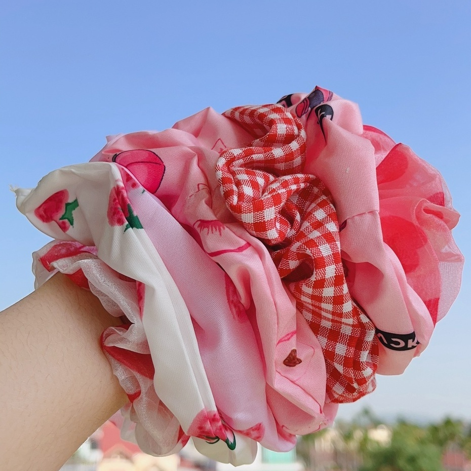 Dây Cột Tóc, Buộc Tóc Vải Scrunchies Màu Hồng Đỏ Họa Tiết Sọc Caro, Hoạt Hình Hot Trend Herbeauty