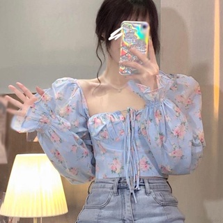 Áo croptop vải voan cổ vuông tay dài phồng in họa tiết hoa phong cách Hàn Quốc cổ điển thời trang cho nữ