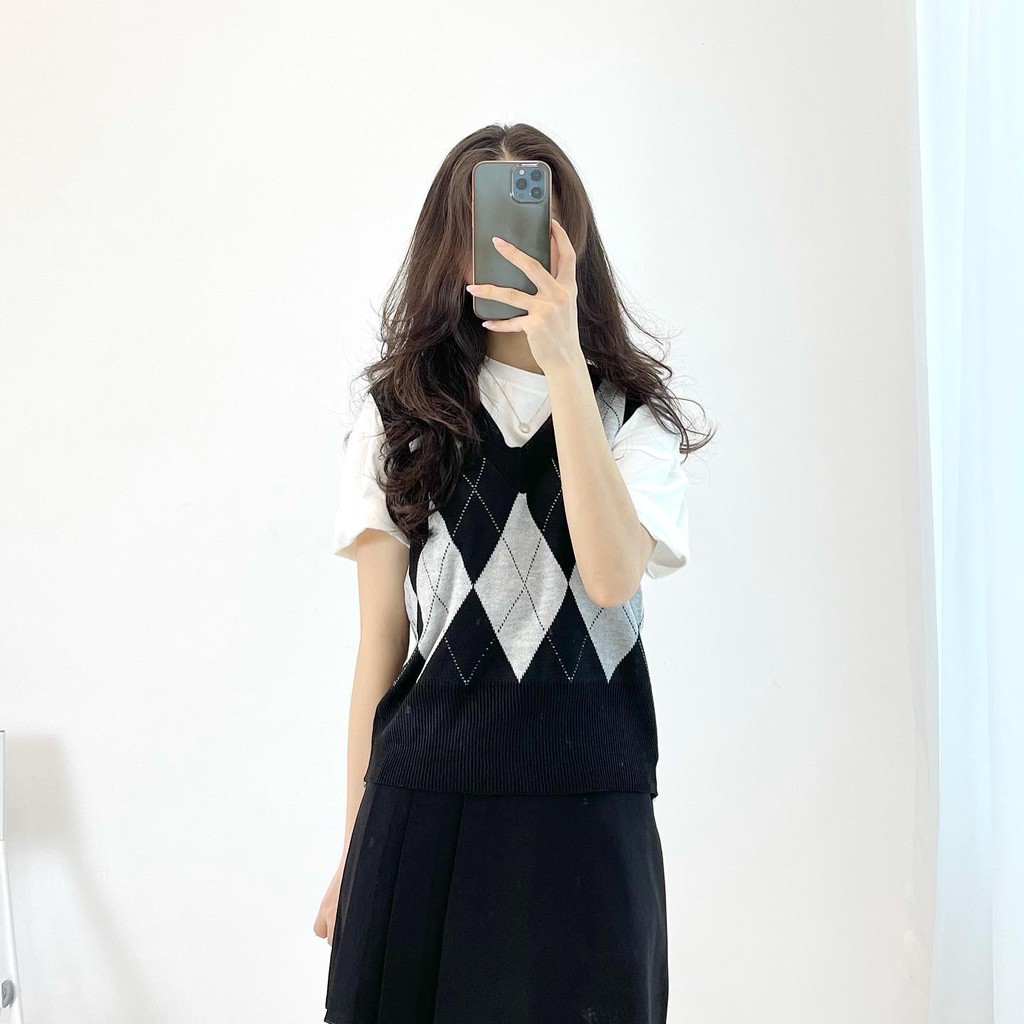(FREESHIP) Áo len gile đen kẻ caro đen xám hàng xuất cao cấp