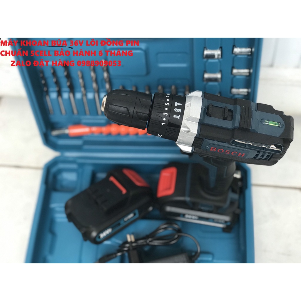 Máy khoan pin 36V boss 3 chức năng có búa - Tặng kèm 24 chi tiết gồm các mũi khoan + Mũi bắt vít - Kèm theo 2 pin