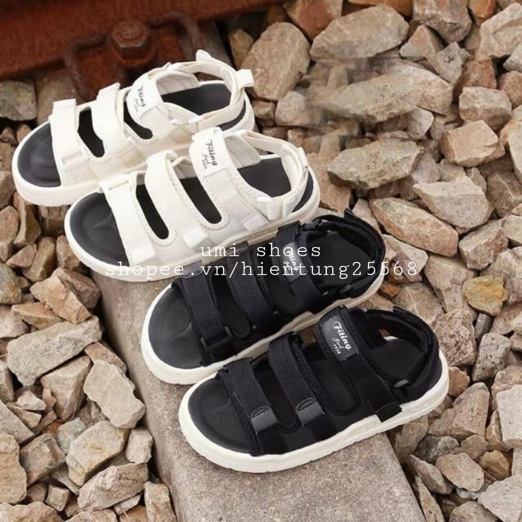 [LOẠI 1 - SẴN Giày Sandal Hàn Quốc ulzzang nữ 3 quai ngang vải mềm đế bằng cao đơn giản màu đen/kem thời trang hot
