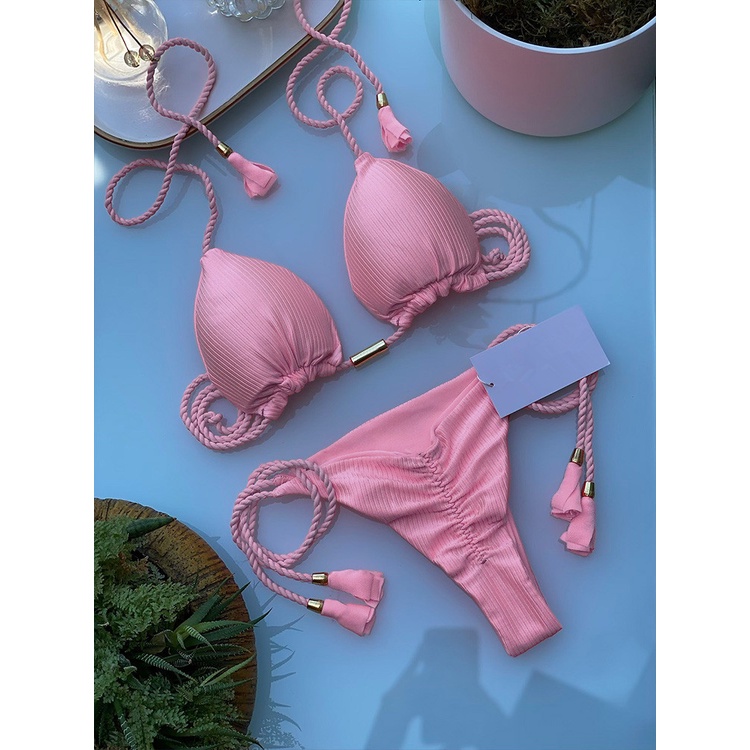 Bộ Bikini / Bikini Bằng Vải Bện Màu Trơn Phong Cách Mới Nhiều Màu Tùy Chọn Cho Nữ