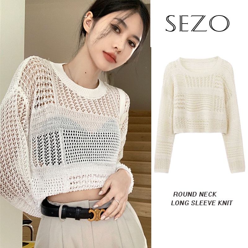 QKOOLE  Áo Croptop Dệt Kim Tay Dài Cổ Tròn Phong Cách Hàn Quốc Cổ Điển Thời Trang Cho Nữ