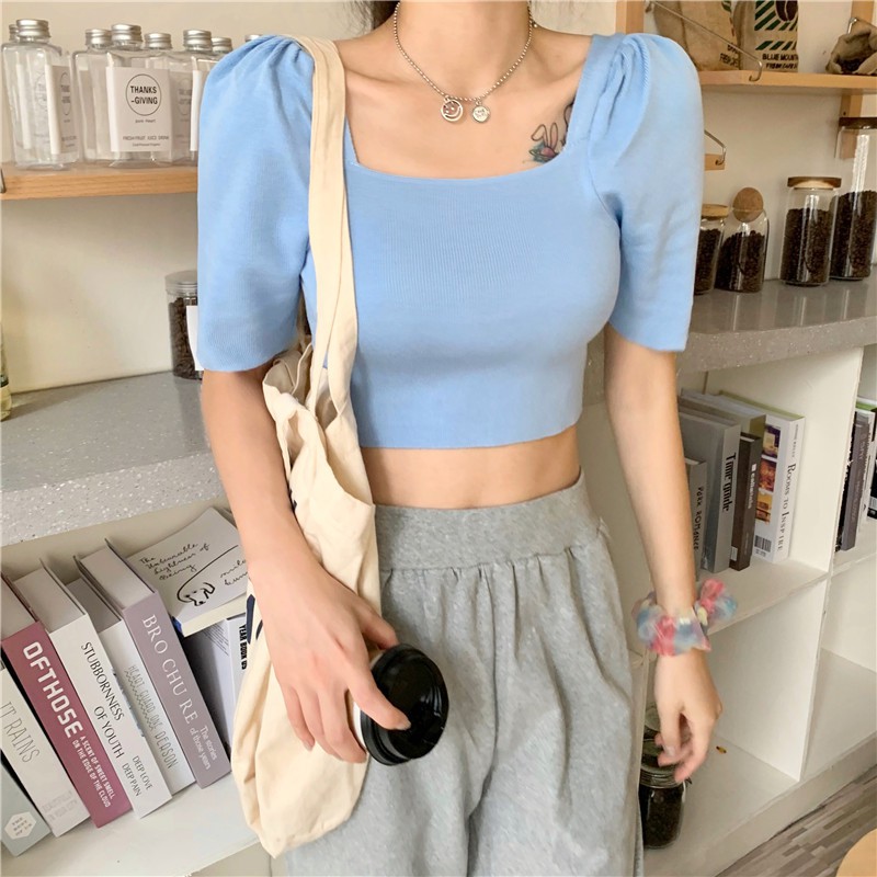 NZN Áo croptop dệt kim tay ngắn cổ vuông thời trang Hàn Quốc