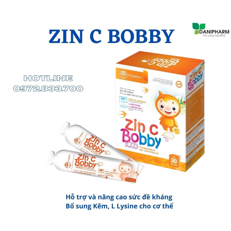 Kẽm cho bé ZIN C BOBBY KID,  bổ sung Kẽm, Lysine, DHA, giúp cải thiện biếng ăn &amp; tăng sức đề kháng cho trẻ (hộp 20 ống)