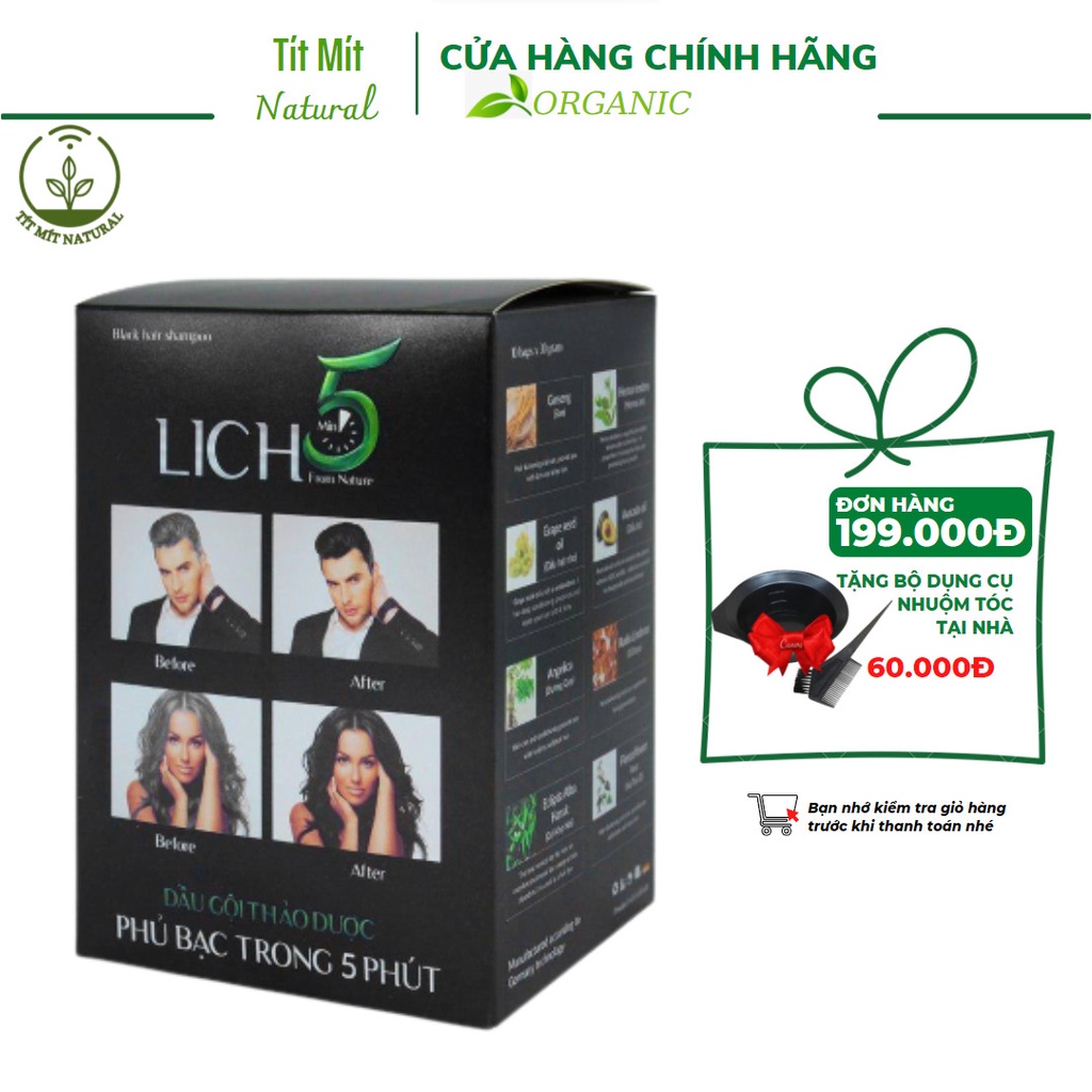 Dầu gội thảo dược phủ bạc nhuộm đen tóc LICH5 - Hộp 10 gói Cỏ Cây Hoa Lá