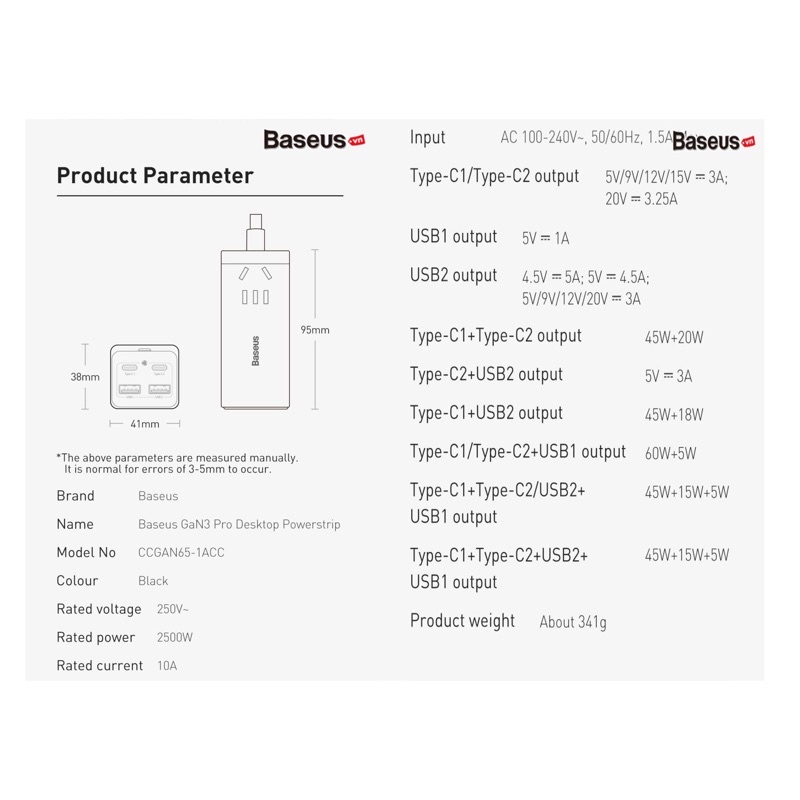 Củ sạc để bàn Baseus 65W GaN3 Pro  1AC+2U+2C 65W  Type-C cho máy tính,macbok, ip 12,13