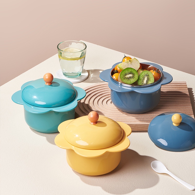 Bát úp mì - Bát ăn mì tôm inox 2 lớp cách nhiệt hình bông hoa có nắp đậy