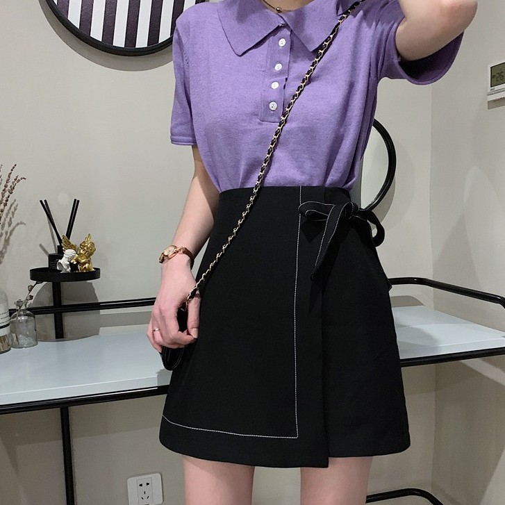 Chân váy chữ A cạp cao trơn chỉ nổi có nơ buộc ngắn nữ eo cao ôm dáng