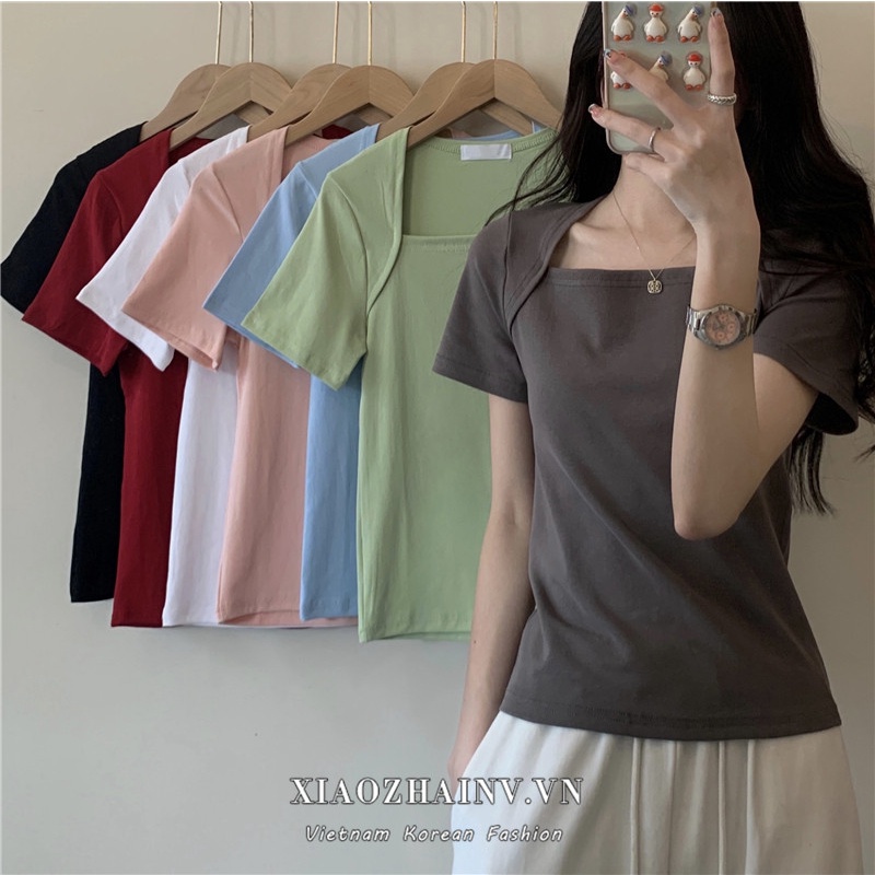 Xiaozhainv Áo Thun Ngắn Tay Cổ Vuông Thời Trang Cho Nữ 7 Màu Lựa Chọn