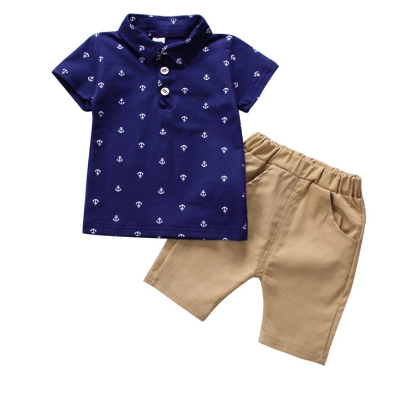 Set áo thun cổ điển bẻ tay ngắn họa tiết mỏ neo + quần đùi thoải mái cho bé trai