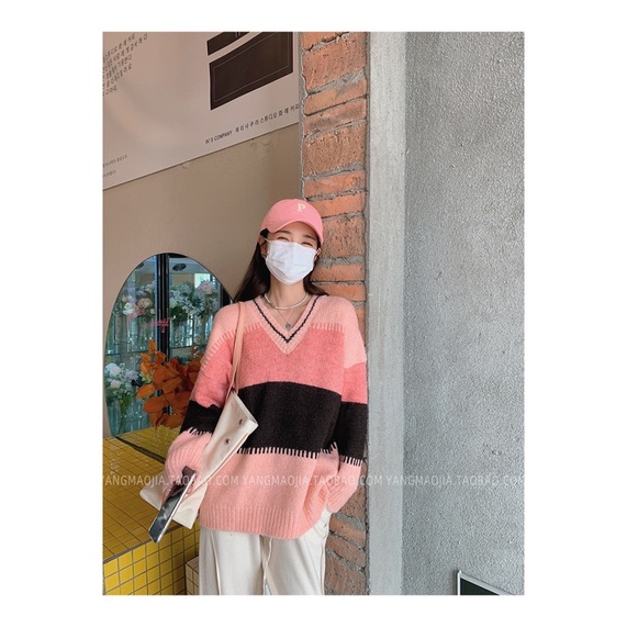MỚI Áo len sọc ngang cổ chữ V thời trang nữ áo sweater nữ