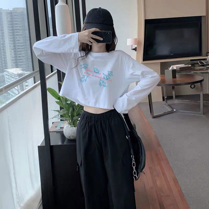 Áo Thun Lửng Tay Dài Dáng Rộng Thiết Kế Đơn Giản Phong Cách Hàn Quốc