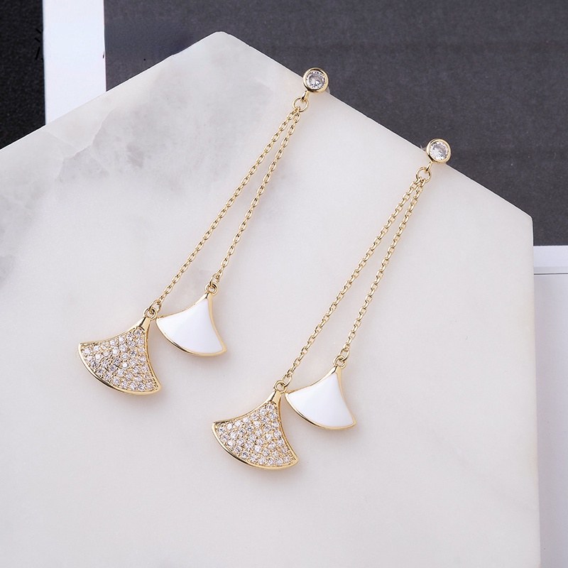 Bông Tai Mạ Bạc 925 Hình Chiếc Lá Đính Đá Phối Tua Rua Thời Trang