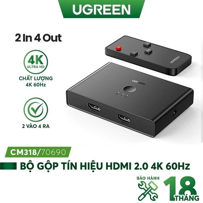 Bộ gộp và chuyển tín hiệu HDMI 2.0 từ 2 ra 4 ra hỗ trợ 4K@60hz Ugreen 70690 cao cấp - Hàng phân phối chính hãng