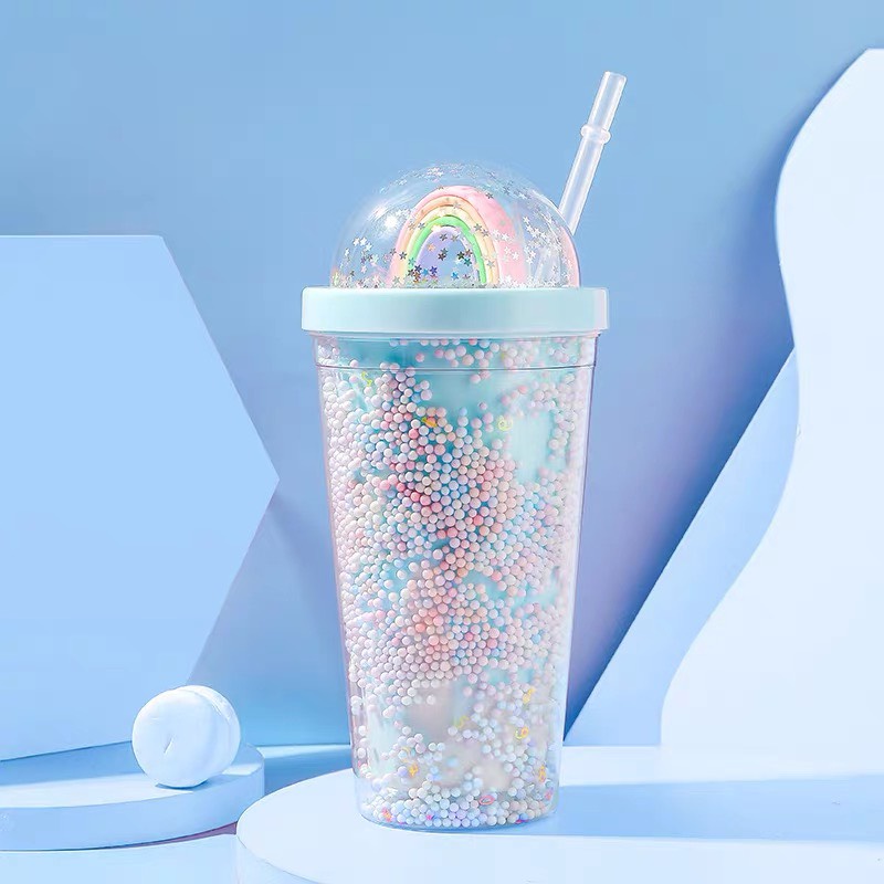 Cốc ly đựng nước cầu vồng dễ thương cầm tay 450ML có ống hút màu sắc dễ thương