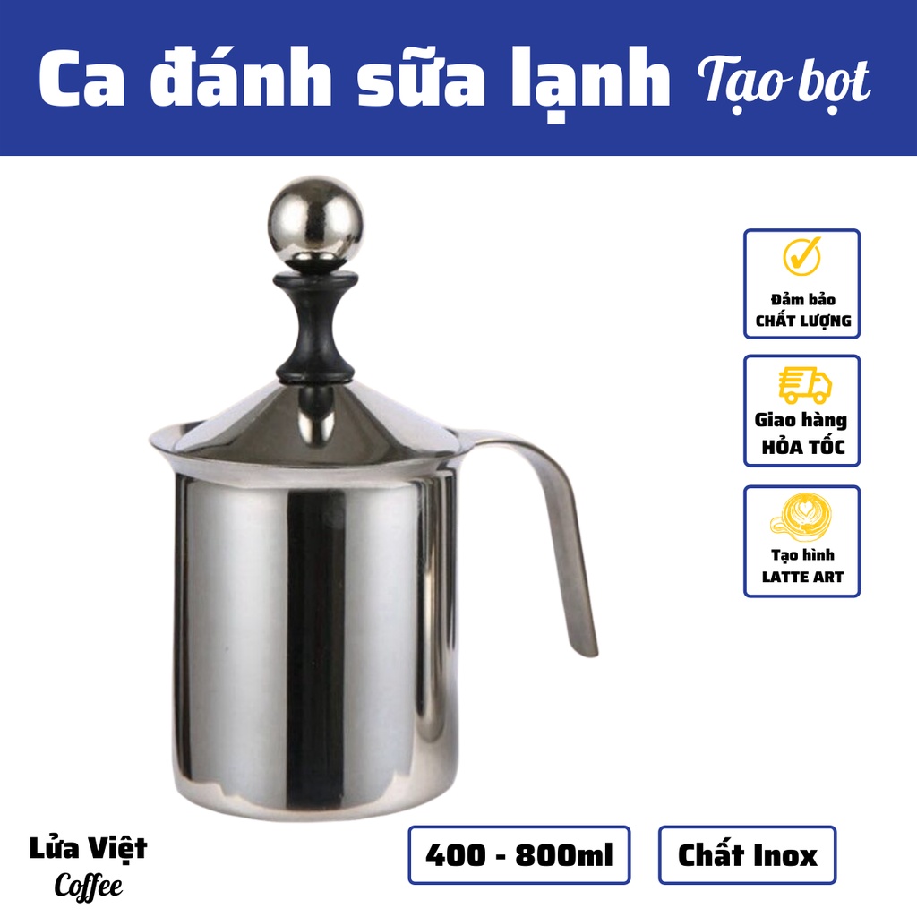 Ca đánh sữa lạnh Inox 304 Có Nắp cao cấp dung tích 400-800ml pha latte đổ hình nghệ thuật cà phê Espresso tạo bọt