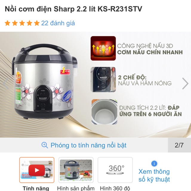 Nồi cơm điện Sharp 2.2 lít KS-R231STV-HÀNG TRƯNG BÀY MƠI 98%